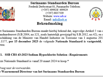 Kennisgeving vaststelling NS Sodium Hypochlorate Solution - Requirements